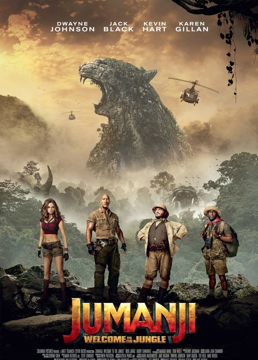Jumanji-Postkarte: vier Abenteurer vor einer riesigen Bestie über nebligen Dschungelhügeln