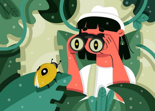 Illustrated postcard of an explorer in a sun hat looking through binoculars at a yellow beetle on a leaf.