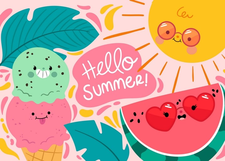 Kawaii ice cream cone, smiling sun, and watermelon slice with sunglasses