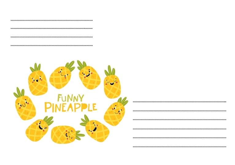 Umschlagillustration: zehn lächelnde Kawaii-Ananas in Kranzform