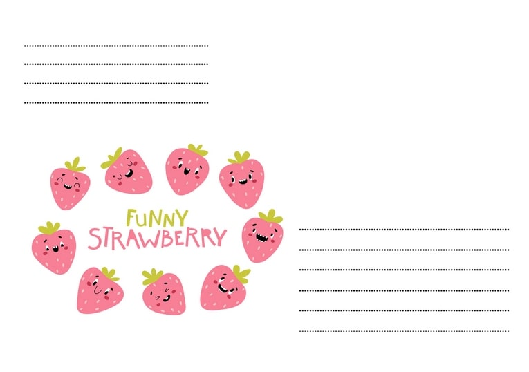 Umschlagillustration: zehn lächelnde Kawaii-Erdbeeren in Kranzform