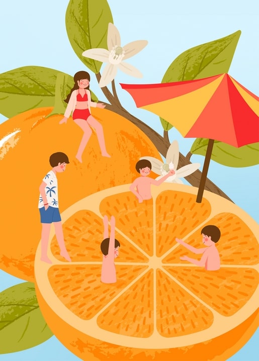 Illustration of children playing on a giant sliced orange at the beach with an umbrella
