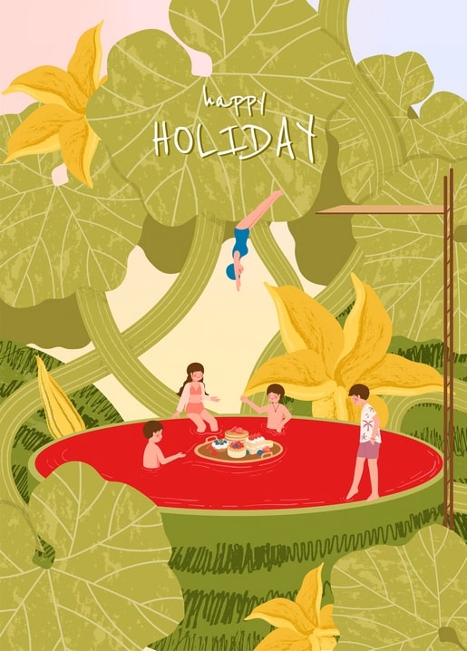 Illustrated children diving and playing in a watermelon-shaped pool with a snack tray