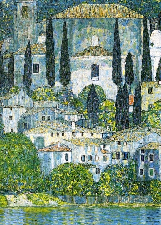 Клімт, «Церква в Кассоне» (1913): кипариси над селом на озері Гарда
