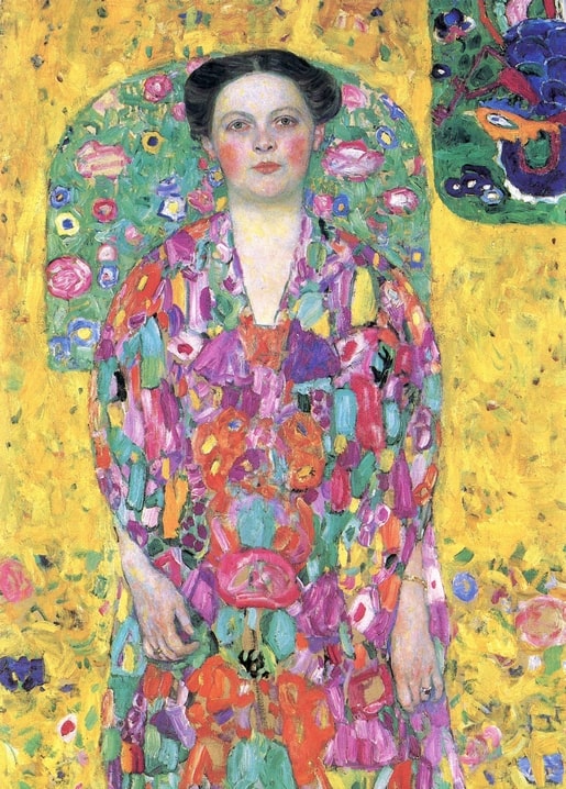 Gustav Klimt, „Bildnis Eugenia Primavesi“ — Goldgrund, Blütenbogen, Pfauenfeder