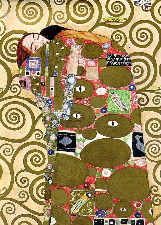 Gustav Klimts „Erfüllung“ — zwei Figuren in goldenem Mosaikmantel, Schlusstafel des Stoclet-Frieses