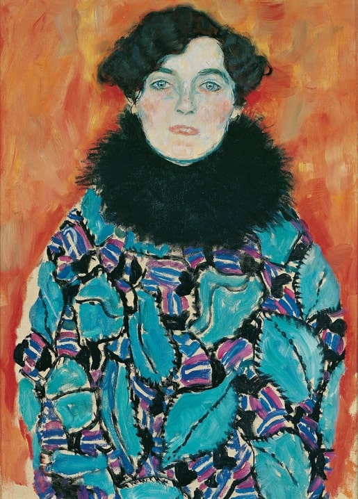 Gustav Klimt, unvollendetes „Bildnis Johanna Staude“ — türkisfarbener Mantel, Zinnoberrot