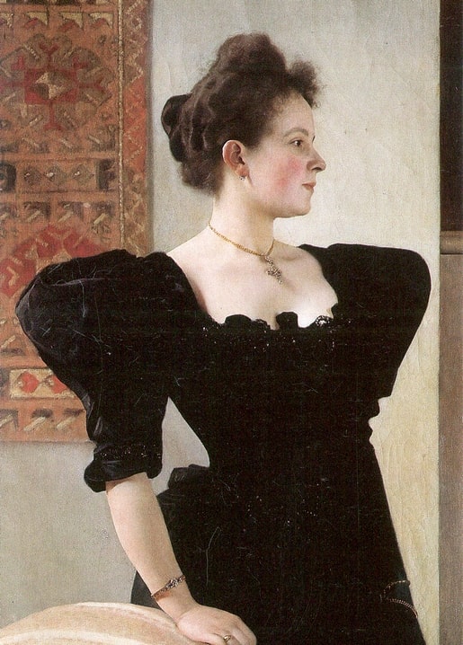 Klimts Porträt einer jungen Dame in schwarzem Samt und Perlen im Profil, um 1890