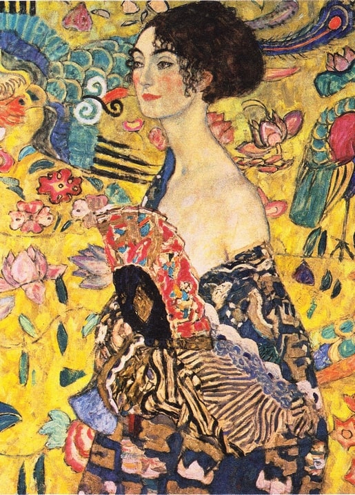 Gustav Klimts Dame mit Fächer — Frau mit kunstvollem Fächer vor Vögeln und Blüten, 1917/18