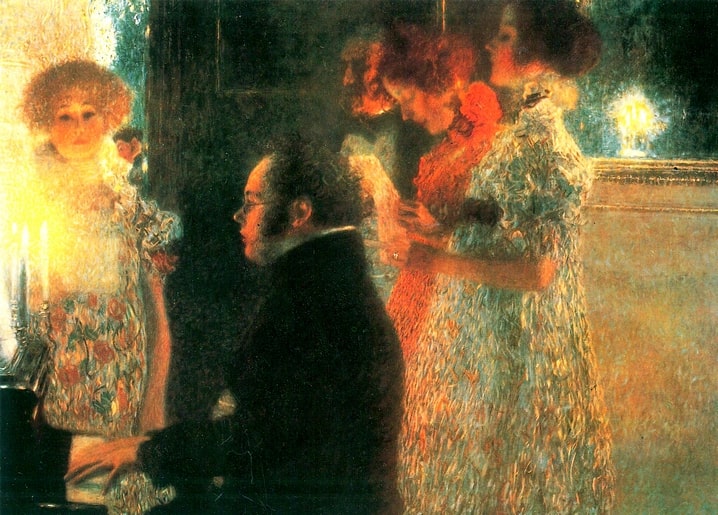 Klimt's Schubert at the Piano — candlelit interior with pianist and two women, 1899