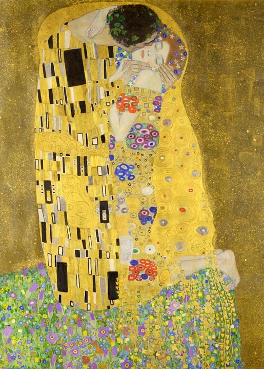 Klimts „Der Kuss“ (1907–08): zwei Gestalten in einem goldenen Mosaikmantel