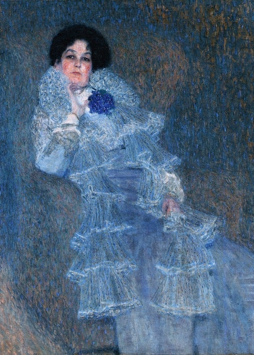 Klimt's c. 1900 portrait of a woman resting her chin on her hand, in pale ruffled blue