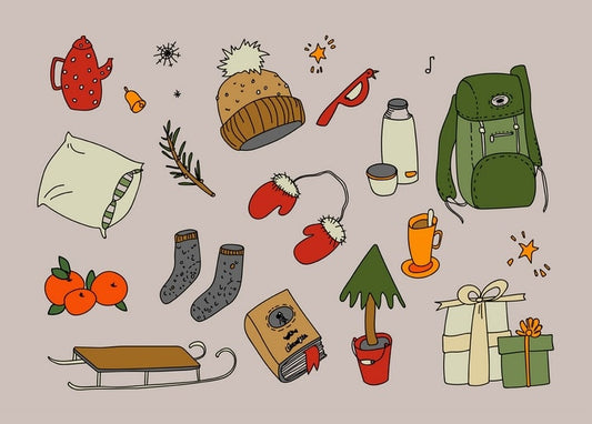 Illustrated flat lay of cozy winter items: knit hat, mittens, thermos, sled, oranges and gifts
