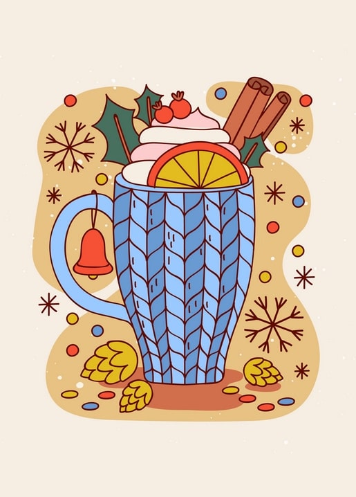 Knit-pattern mug topped with whipped cream, orange slice, cinnamon sticks, and holly, with a bell on the handle