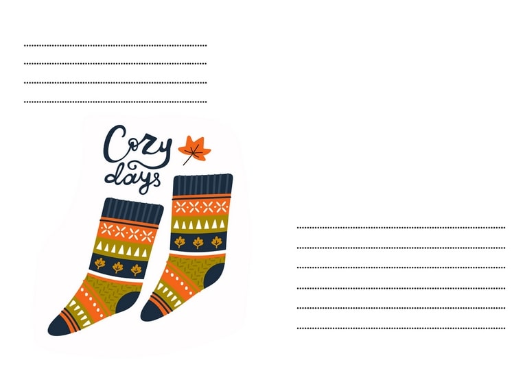 Illustrierte Herbstsocken mit Ahornblatt und Schriftzug „Cozy days“