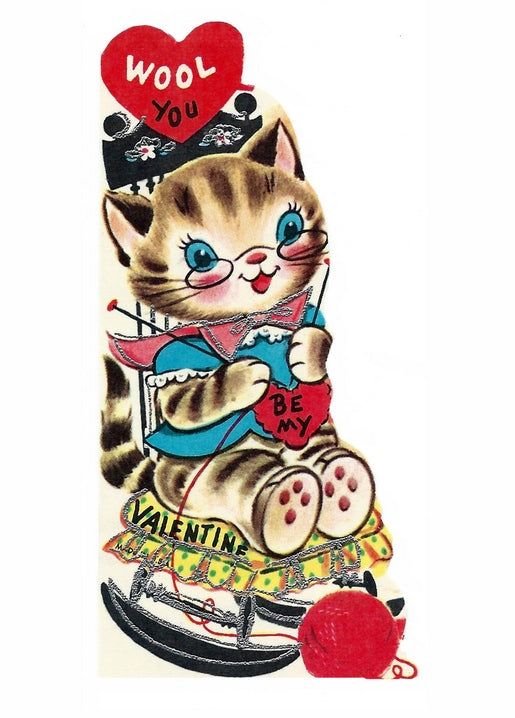 Vintage cartoon kitten in glasses knitting with red yarn beside a 'Wool You Be My Valentine' heart