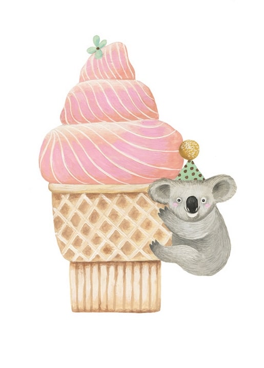 Koala in a green party hat hugging a giant pink swirl ice cream cone