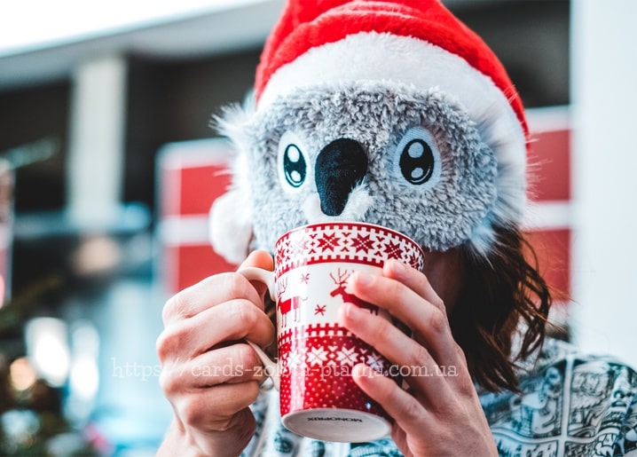 Person mit Plüsch-Koala-Mütze und Nikolauszipfel trinkt aus einer Tasse mit Rentiermuster