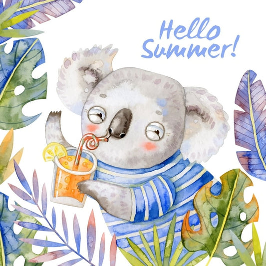 Watercolor koala in a striped sweater sipping orange juice through a straw