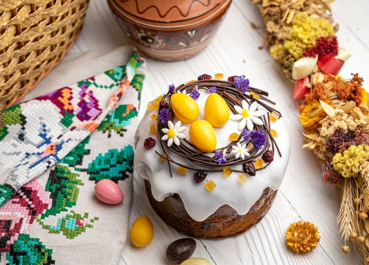 Кулич з гніздом яєць, ромашками та вишитим рушником, вигляд згори