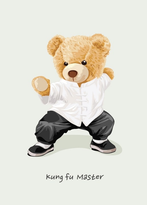 Teddybär im weißen Kung-Fu-Kittel in Kampfstellung, Illustration