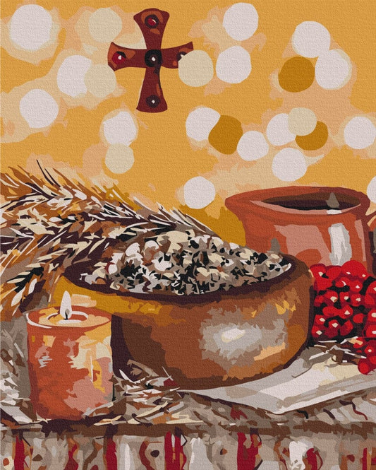Ukrainisches Weihnachtsstillleben mit Kutja, Weizengarbe, Tonkrug, Kerze und Schneeballbeeren