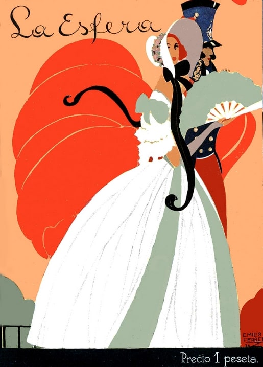 La Esfera magazine cover showing a woman in a white ballgown with a fan and a man in uniform