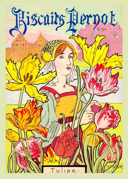 Art Nouveau postcard illustration of a lady among tulips with a castle behind her, by Henri Thiriet