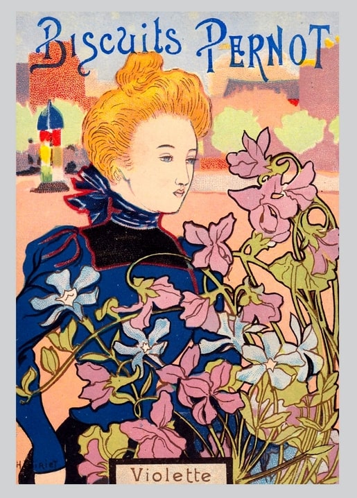 Art Nouveau postcard illustration of a lady among violets with a city skyline, by Henri Meunier