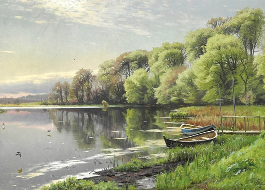 Two rowing boats moored at a wooden jetty on a calm Danish lake, painting by Peder Mønsted