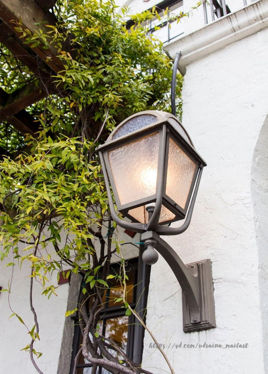 Wandlaterne leuchtet in der Abenddämmerung zwischen grünen Ranken an weißer Wand