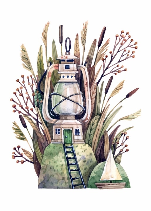 Aquarell-Laternenhaus auf einem Hügel im trockenen Schilf mit kleinem Segelboot