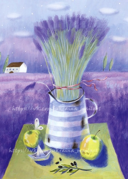 Gouache still life of lavender in a striped jug with apples, an olive sprig, and a paper boat