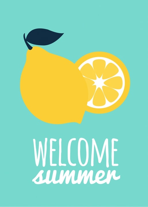 Flat illustration of a lemon and citrus slice with “Welcome Summer” lettering on teal