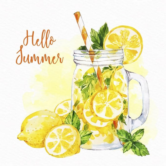 Watercolor mason jar of lemonade with lemon slices, mint and a striped straw, 'Hello Summer' text