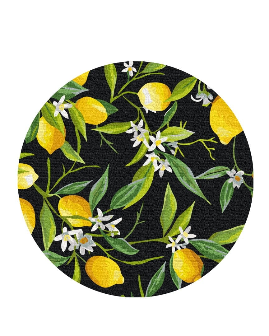 Round painting-by-numbers canvas with yellow lemons and citrus blossoms on black