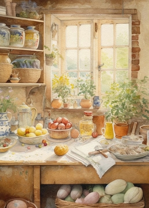 Watercolor still life with lemons, tomatoes, and jars on a farmhouse table by a window