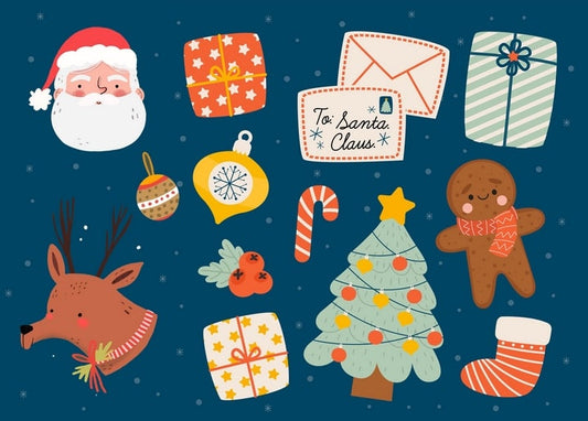Christmas icon set on teal background: Santa's face, gifts, a letter to Santa, reindeer and gingerbread man