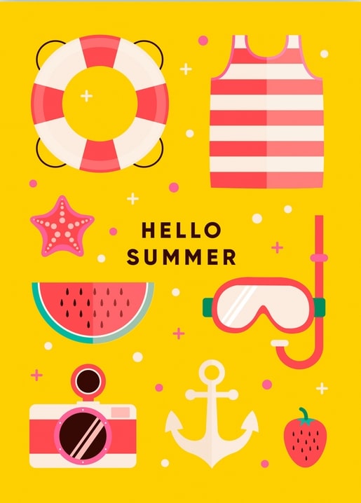 Flat-style yellow postcard with lifebuoy, watermelon, snorkel mask and ‘Hello Summer’ text