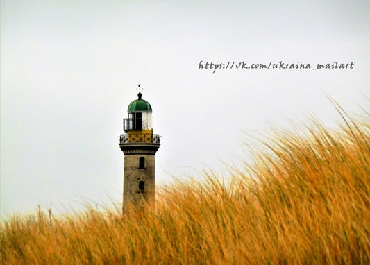 Leuchtturm mit grüner Kuppel hinter goldenem Gras unter bedecktem Himmel