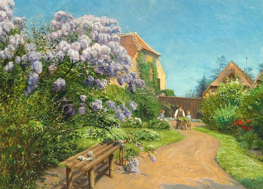 Wooden bench under a blooming lilac bush on a garden path, painting by Peder Mørk Mønsted