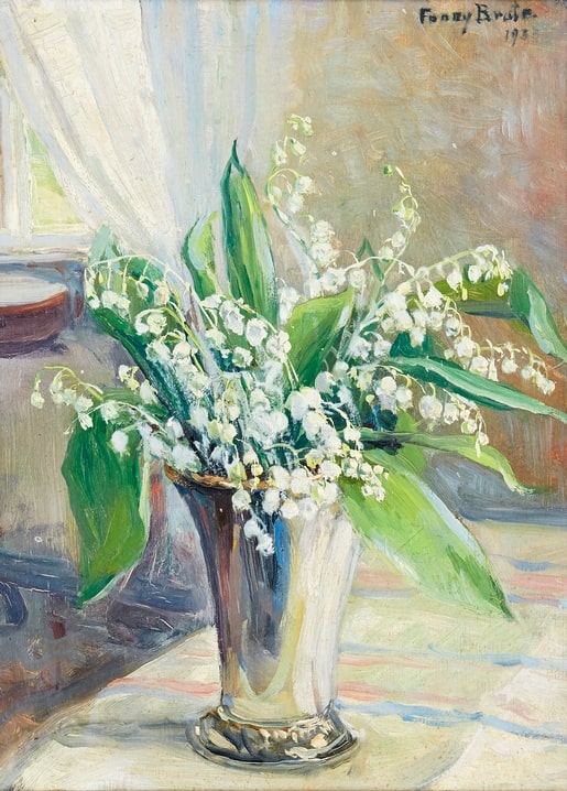 Stillleben von Fanny Brate: Maiglöckchen in einer Silbervase, gemalt in den 1930er Jahren