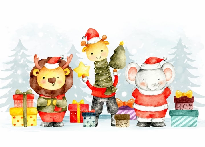 Löwe, Rentier und Elefant im Weihnachtskostüm mit Geschenken und einem kleinen Baum im Schnee