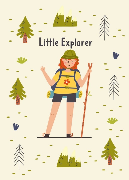 Illustrated postcard of a red-haired girl hiking through a pine forest, ‘Little Explorer’