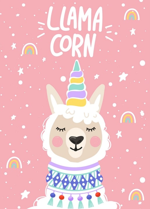 Illustration of a llama wearing a pastel unicorn horn surrounded by rainbows and stars on pink