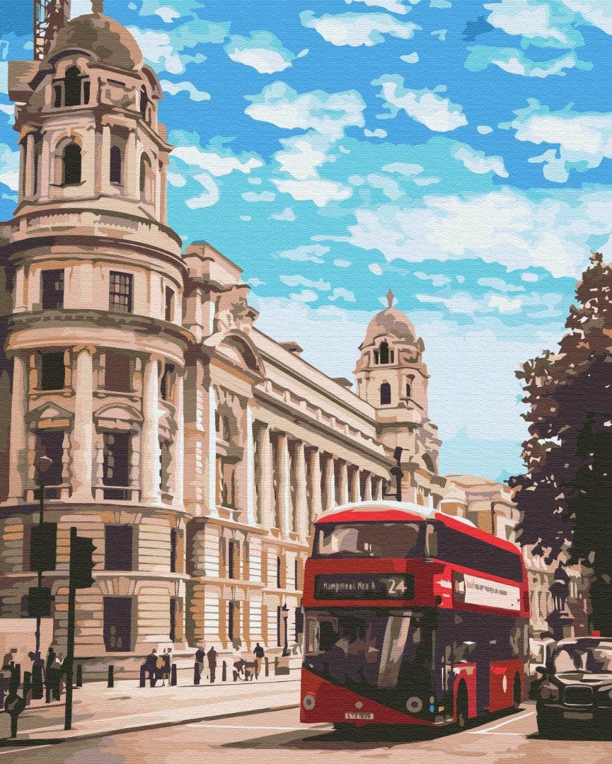 Paint-by-number kit showing a red double-decker bus beside a domed London building