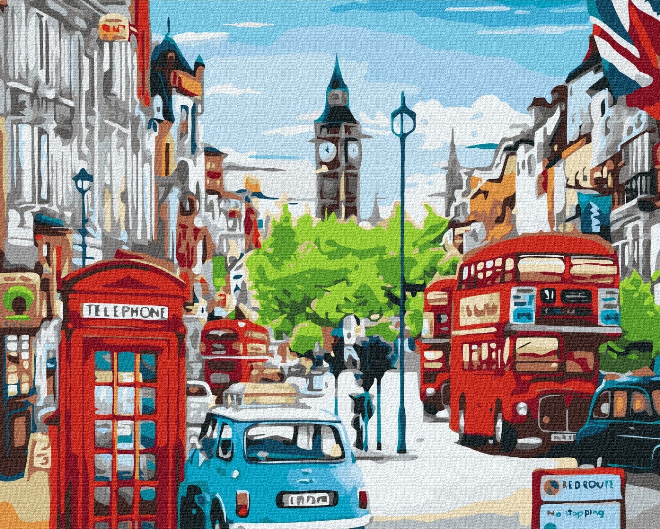 Painting-by-numbers scene of a red phone booth and double-decker buses on a London street with Big Ben