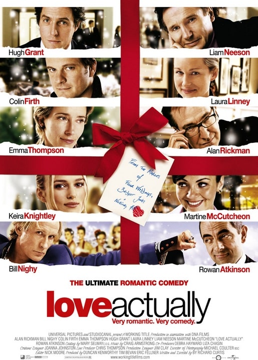 Love Actually movie poster with cast grid tied in red ribbon and snow falling