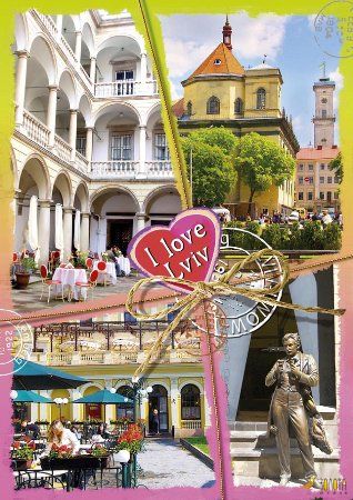 Postkarten-Collage aus Lwiw mit Arkadenhof, Café-Tischen, Uhrturm und Bronzestatue