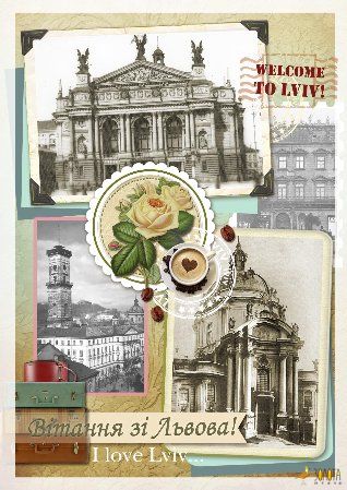 Vintage-Collage-Postkarte von Lwiw mit Opernhaus, Altstadtfotos, Rose und Kaffee